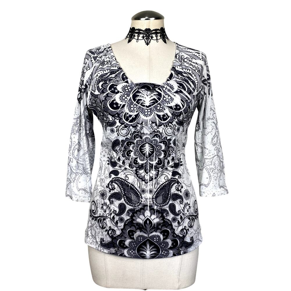 Vtg Y2K Energe Grunge Goth Whimsigoth Fairycore Paisley Ruched 3/4 Sleeve Top S